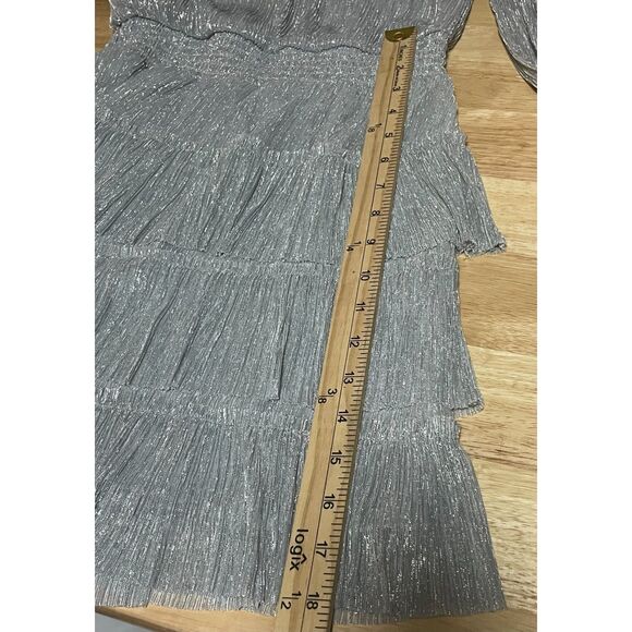 Express Silver Shimmer Pleated Tiered Mini Dress Long Sleeve SM - Picture 11 of 11